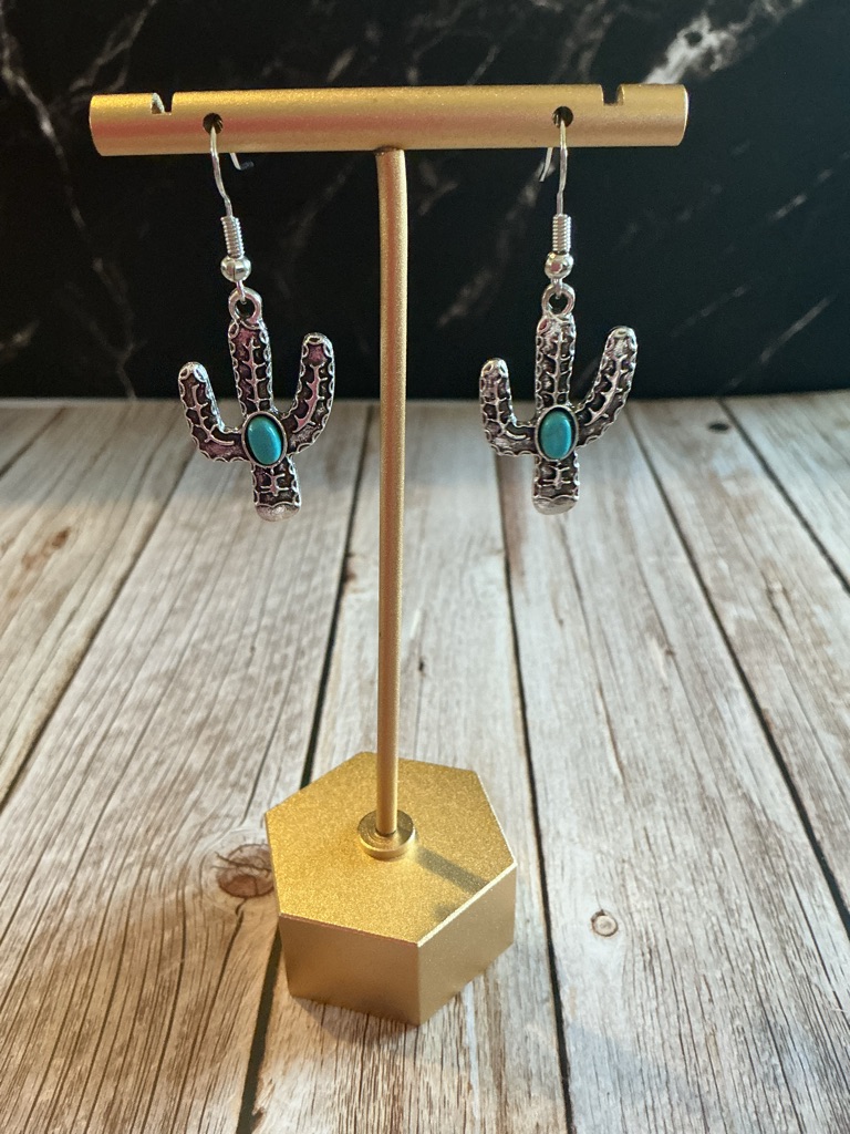 Silver Tone Cactus Earrings With Faux Turquoise